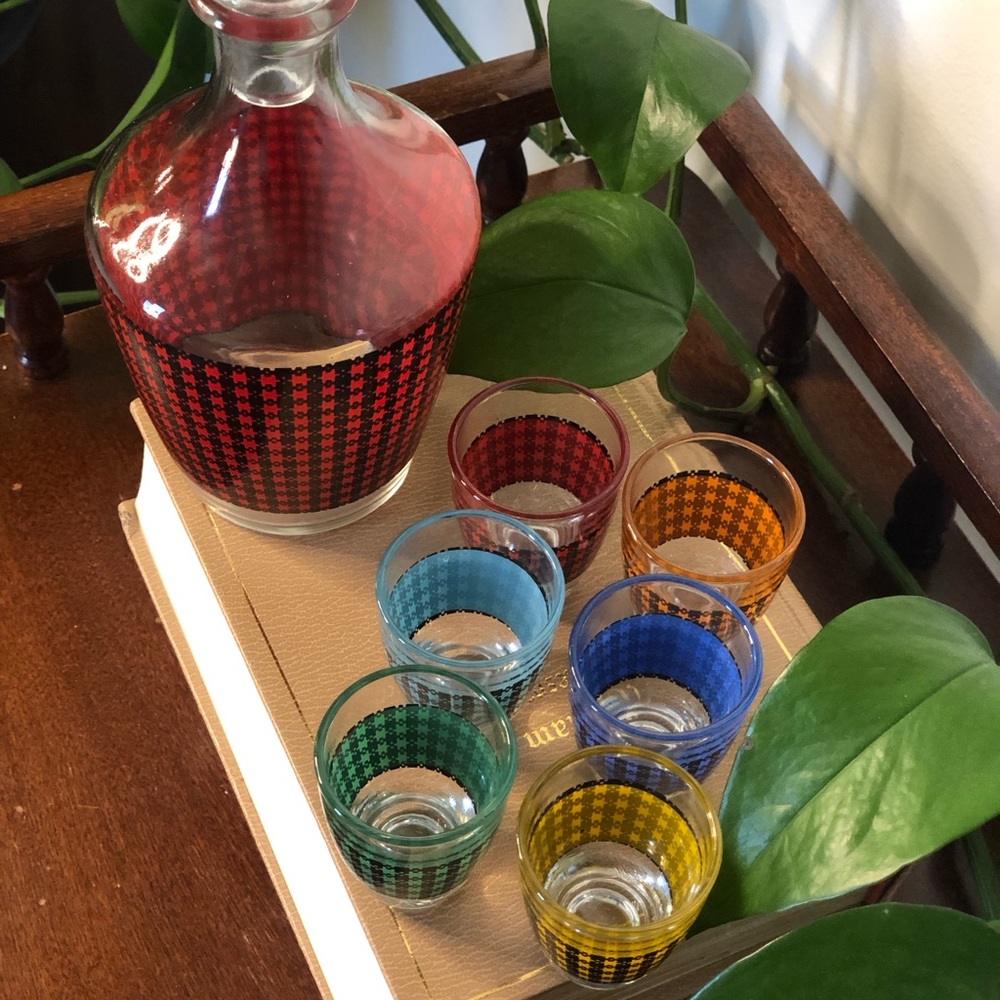 Vintage French Houndstooth Glass Decanter & Shot Glass Set